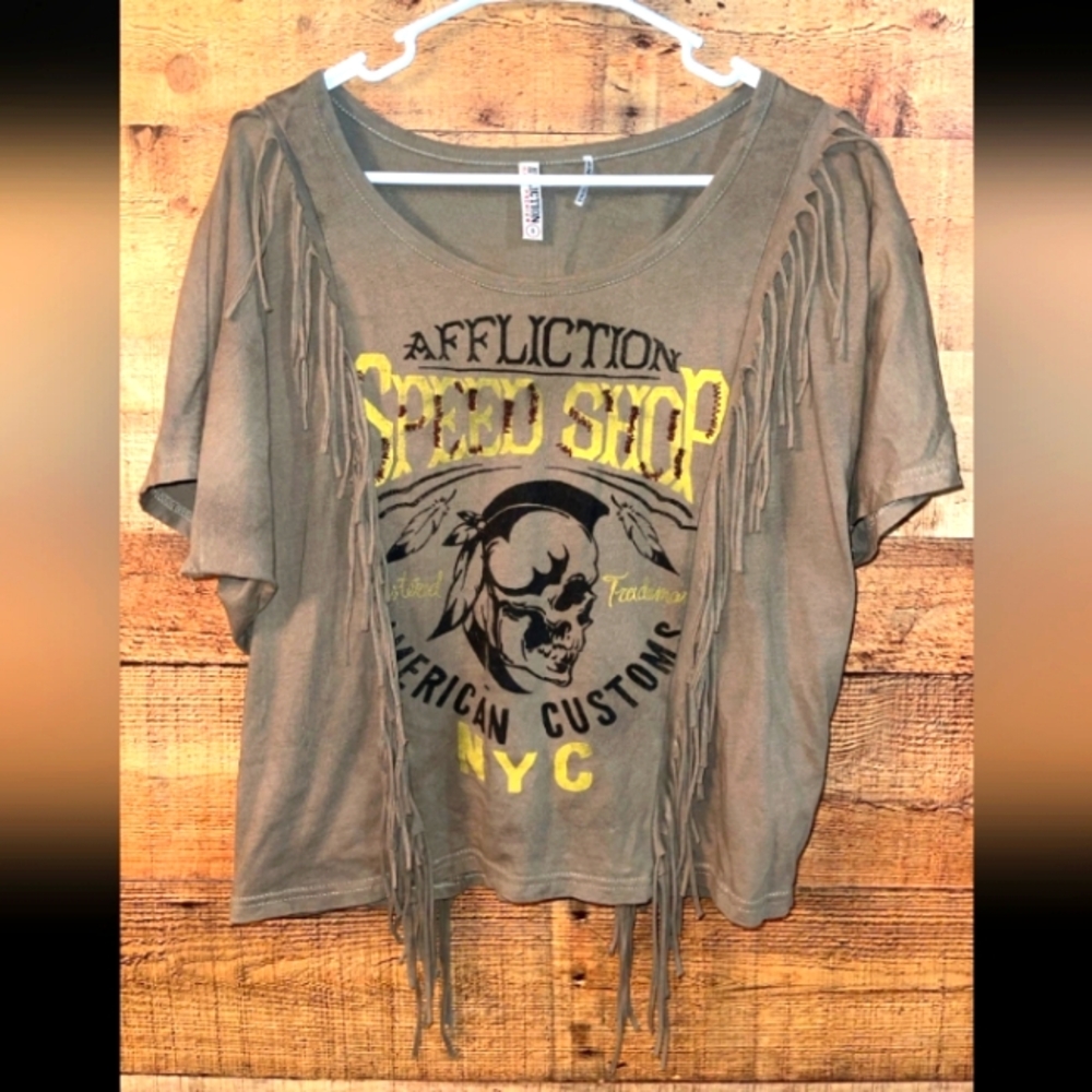 Affliction fringe biker top
